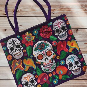Handmade Mexican Sugar Skull Embroidered Tote Bag - Women&#39;s Purses & Handbags