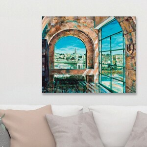 A window view of Jerusalem, Wall art oil and acrylic painting, canvas print stretched, Israel landscape, Jewish artwork from the holy land