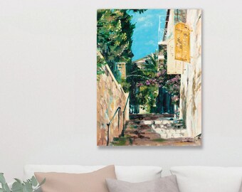 Pintura al óleo de Jerusalén del nuevo callejón de la ciudad. Dibujo acrílico para pared. Paisaje judío en Tierra Santa. Impresión giclée sobre lienzo estirado.
