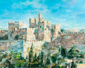 Jerusalem, Wall art oil and acrylic painting, canvas print stretched on wood frame, Israel landscape, Jewish artwork from the holy land