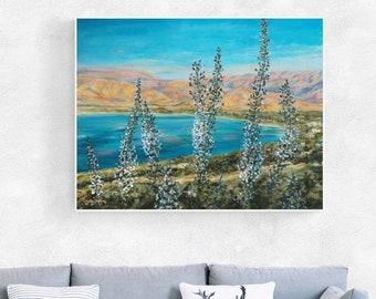 Lake Kinneret painting, Sea of Galilee and the Golan Heights Israeli landscape. canvas print stretched on frame, Israel Jewish art holy land