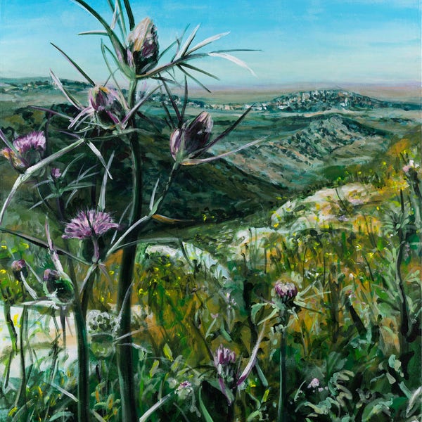 Spiny flower from Israel. Wild Samaria landscape. painted by the artist David Fisch. Print on fine art paper