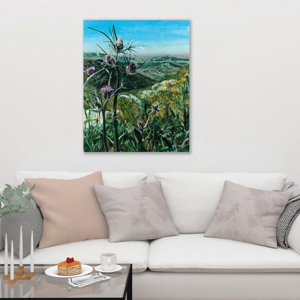 Spiny flower from Israel. wild landscape. painted by the artist David Fisch. print on canvas stretched on wood frame