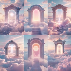 Könnte beinhalten: Sechs weiße Bögen mit Stufen, die zu ihnen hinauf führen, sind vor einem Hintergrund aus rosa und weißen Wolken platziert. Die Bögen befinden sich in einer verträumten, ätherischen Umgebung.