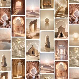 Op de afbeelding: Een collage van digitale kunst met serene landschappen en architecturale elementen. De afbeeldingen tonen structuren met bogen, koepels en trappen, badend in warm, goudkleurig licht. Sommige scènes bevatten water, kristallen en hemellichamen, wat een dromerige sfeer creëert.