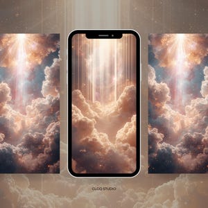 May include: A smartphone displays a digital art image of a heavenly scene with clouds and light rays. The image is framed by a black border. The text "CLCQ STUDIO" is at the bottom.