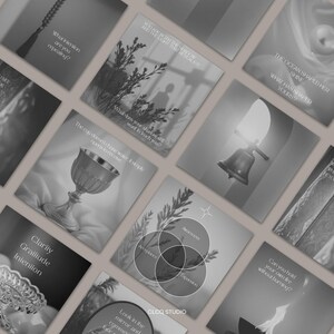 Puede incluir: Una colección de imágenes cuadradas en escala de grises con citas y gráficos inspiradores. Una imagen presenta un cáliz plateado, otra una campana, y otras incluyen texto como "Clarity, Gratitude, Intention" y "CLCQ STUDIO."