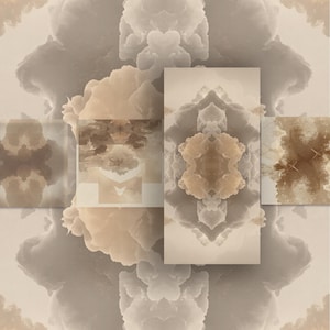 Op de afbeelding: Abstracte digitale kunst met een wolkenachtig patroon in tinten beige, bruin en grijs. Het ontwerp bevat rechthoekige panelen met gespiegelde wolkenformaties, waardoor een symmetrische compositie ontstaat. De tekst "CLCQ STUDIO" is zichtbaar onderaan.