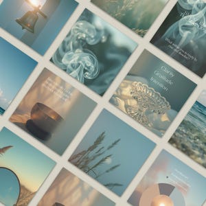 Puede incluir: Una colección de imágenes cuadradas con una paleta de colores suaves y apagados. Las imágenes presentan varios objetos y texto, incluyendo una campana, humo, un plato de cristal y el texto "Clarity, Gratitude, Intention". El tema general sugiere atención plena y bienestar.