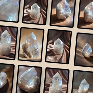 Op de afbeelding: Een verzameling heldere kwartskristalformaties, elk met unieke vormen en interne structuren. De kristallen worden gepresenteerd op een zachte, perzik-kleurige stof, wat een serene en elegante presentatie creëert. De kristallen variëren in grootte en vorm, sommige hebben puntige uiteinden en andere zijn ronder.