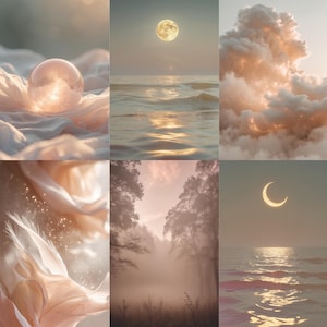 Puede incluir: Un collage de seis imágenes con una estética suave y etérea. Las imágenes presentan una bola de cristal, olas del océano bajo una luna llena, nubes color melocotón, plumas delicadas, un bosque brumoso y una luna creciente sobre el agua. La paleta de colores es principalmente pastel.