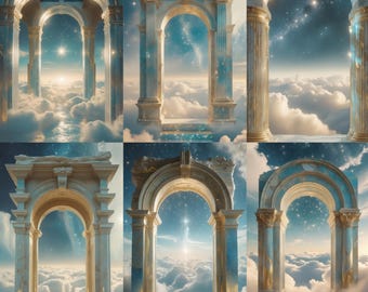 Heavenly Portal Archway Stock Images | Ethereal Gate Aesthetic Visuals | Divine Skies, Celestial Clouds, Dreamy Blue-Gold Tones | Download