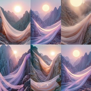 Op de afbeelding: Digitaal kunstlandschap met een bergketen en een zonsondergang. Stromende, transparante stof in roze en perziktinten drapeert over de scène. De afbeelding heeft een zachte, etherische kwaliteit, met de tekst "CICCOSTUDIO" onderaan.