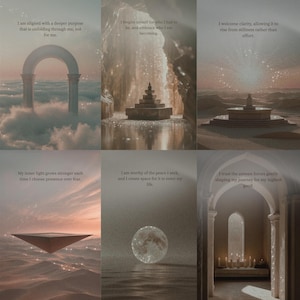 Peut inclure: Un collage de six images avec des citations inspirantes. Les images présentent des paysages sereins avec des éléments architecturaux et des corps célestes. Le texte comprend des phrases sur le but, le pardon, la clarté, la force intérieure, la paix et la confiance.
