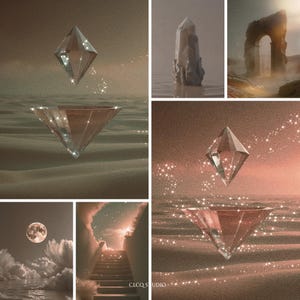 Op de afbeelding: Een collage van surrealistische beelden met geometrische kristalvormen, een grote kristalformatie in water en een stenen boog. Het kleurenpalet is gedempt met warme tinten en sprankelende lichteffecten voegen een magische kwaliteit toe. Het thema suggereert fantasie of spirituele concepten.