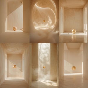 Op de afbeelding: Een reeks architecturale interieurfoto's met een minimalistische esthetiek. Elke scène toont een bolvormig object, al dan niet rustend of zwevend, in een kamer met neutrale tinten en natuurlijk licht. Het algemene thema is er een van sereniteit en modern design.