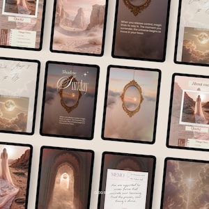 Puede incluir: Una colección de impresiones de arte digital mostradas en tabletas. Las impresiones presentan paisajes desérticos, imágenes celestiales y citas inspiradoras. Una impresión dice "Shadow Sunday" con un marco decorativo. Otras impresiones incluyen texto como "Quote" y "Memo".