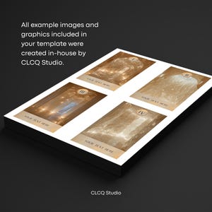 May include: A stack of four tarot cards with sepia-toned illustrations. Each card has a Roman numeral and the text "YOUR TEXT HERE". The cards are on a black surface. The text "All example images and graphics included in your template were created in-house by CLCQ Studio" is also visible.
