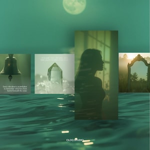 May include: A serene, artistic composition in shades of green. The image features a bell, a crystal, a silhouette of a person, and a mirror. Text includes "Every vibration is an invitation to remember what has been buried beneath the noise." and "YOU ARE THE CRYSTAL AND THE LIGHT IS WITHIN YOU."