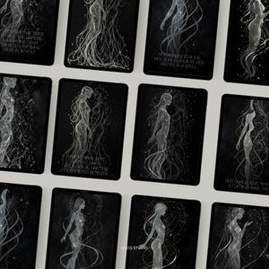 May include: A collection of black and white art cards featuring ethereal female figures with flowing hair and intricate designs. Some cards have text, including "CLCQ STUDIO". The overall theme is mystical and artistic.