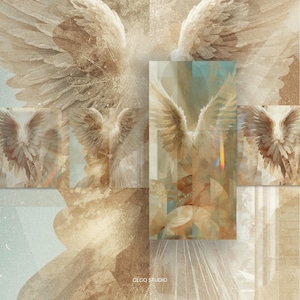 May include: A digital art collage featuring multiple images of angel wings in various sizes and arrangements. The wings are depicted in shades of beige, brown, and white, with a textured, ethereal quality. The artwork has a soft, dreamlike aesthetic.