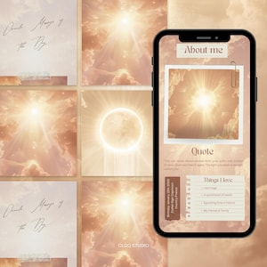 Könnte beinhalten: Eine digitale Collage mit einem himmlischen Thema, einschließlich eines Smartphones, das einen "Über mich"-Bereich anzeigt. Die Collage enthält Text mit der Aufschrift "Oracle Message of the Day" und "CLCQ STUDIO". Der Telefonbildschirm zeigt ein Zitat und eine Liste der Dinge, die der Benutzer liebt.