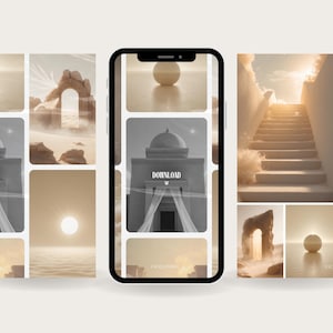 Op de afbeelding: Een smartphone toont een digitale kunstcompositie. De centrale afbeelding toont een gebouw met het woord "DOWNLOAD" en een pijl naar beneden. Andere afbeeldingen tonen een bol, bogen en een trap, allemaal in een warm, neutraal kleurenpalet.