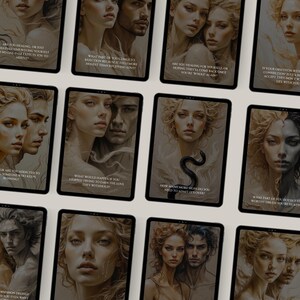 Op de afbeelding: Een verzameling tarotkaarten met artistieke illustraties van stellen en individuen. Elke kaart toont een unieke afbeelding met tekst, waaronder zinnen als "Ben je aan het genezen?" en "Welk deel van jou klampt zich vast aan afwijzing?" De kaarten hebben een donkere rand.