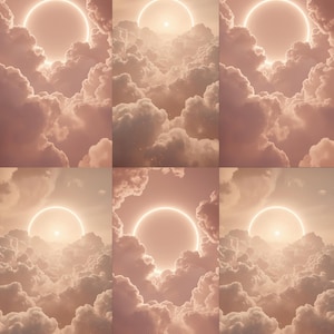 Könnte beinhalten: Digitales Kunstwerk mit einer leuchtenden, kreisförmigen Lichtquelle, umgeben von flauschigen, pfirsichfarbenen Wolken. Das Bild hat eine weiche, ätherische Qualität, mit dem Text "CLCQ STUDIO" unten.
