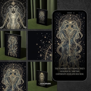 Op de afbeelding: Een collage met een hemels ontwerp in zwart en goud. Het kunstwerk toont twee verstrengelde figuren, omringd door sterren en astrologische symbolen. De tekst op de telefoon luidt: "THE FEMININE ISN'T GENTLE, SHE'S GEOLOGICAL, SHIFTING CONTINENTS BENEATH HER SKIN."