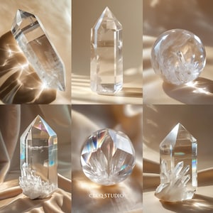 Op de afbeelding: Een verzameling heldere kwartskristallen in verschillende vormen. De afbeelding toont een kristallen bol, kristallen punten en een kristalcluster. De kristallen worden gepresenteerd op een beige oppervlak, met licht en schaduw.