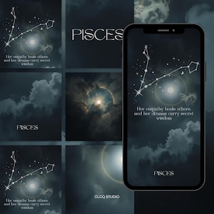 Puede incluir: Un smartphone muestra un diseño de constelación de Piscis con el texto "Her empathy heals others, and her dreams carry secret wisdom." La imagen presenta un fondo azul oscuro con nubes y la palabra "PISCES".