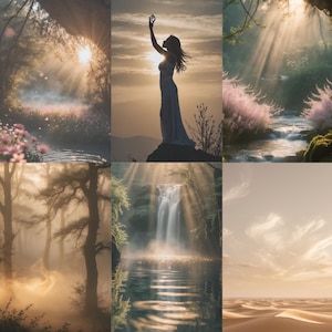 Op de afbeelding: Een collage van zes afbeeldingen met natuurtaferelen met een mystieke en etherische sfeer. De afbeeldingen tonen een bos met zonnestralen die door de bomen schijnen, een vrouw die op een rots staat met haar armen omhoog, een beek die door een weelderig bos stroomt, een waterval die in een waterpoel stort, een mistig bos met bomen en een woestijnlandschap met zandduinen.