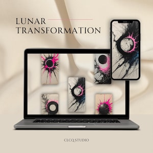 Könnte beinhalten: Ein Laptop und ein Smartphone zeigen abstrakte Kunst mit einem schwarzen und rosa kreisförmigen Design. Der Laptop-Bildschirm zeigt mehrere Bilder desselben Designs. Der Text "LUNAR TRANSFORMATION" steht oben und "CLCQSTUDIO" unten.