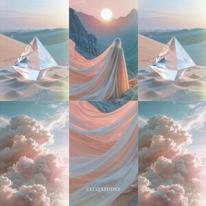 Op de afbeelding: Een collage met een kristallen piramide, een figuur in vloeiende stof en roze wolken. De piramide is transparant en ligt op zand. De figuur staat tegen een bergachtergrond met een zonsondergang. De wolken zijn in een blauwe lucht.
