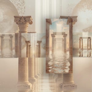 Puede incluir: Una obra de arte digital que representa columnas clásicas reflejadas en el agua. La imagen tiene una estética suave y etérea con una paleta de colores cálidos de beige, crema y oro. La composición incluye una luna creciente y orbes celestiales.