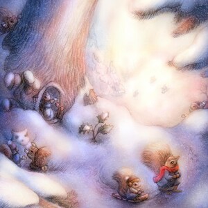 May include: A whimsical illustration of a snowy winter scene with several squirrels. One squirrel is wearing a red scarf, and another is on a sled. The artwork features a tree with a hollow, and holly bushes in the snow. The color palette includes soft blues, purples, and browns.