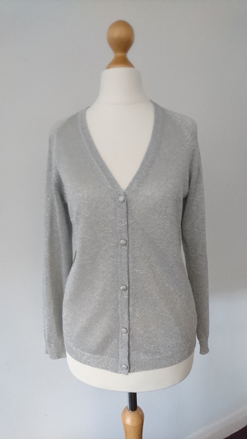 Light Grey Silver Sparkle Shimmer Glitter Vintage button up Cardigan Party Summer Occasion Prom UK 8 10 Retro 1970s 1980s disco