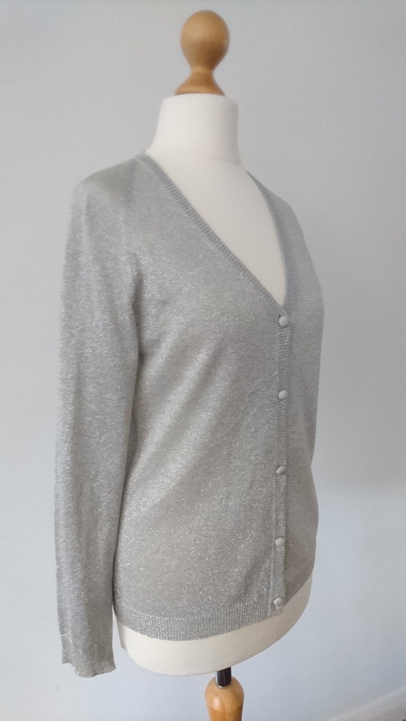 Light Grey Silver Sparkle Shimmer Glitter Vintage button up Cardigan Party Summer Occasion Prom UK 8 10 Retro 1970s 1980s disco