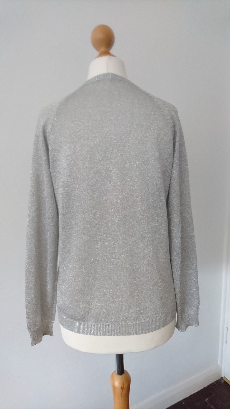 Light Grey Silver Sparkle Shimmer Glitter Vintage button up Cardigan Party Summer Occasion Prom UK 8 10 Retro 1970s 1980s disco