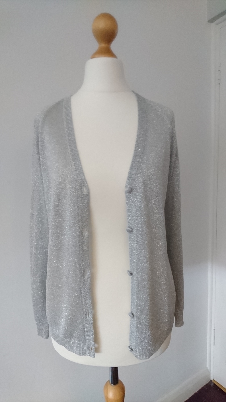 Light Grey Silver Sparkle Shimmer Glitter Vintage button up Cardigan Party Summer Occasion Prom UK 8 10 Retro 1970s 1980s disco