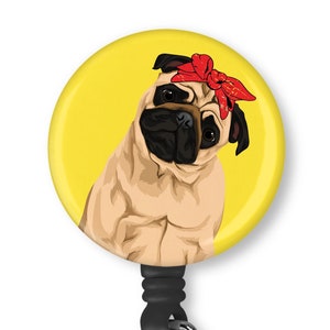 Adorable Pug With Red Grunge Bow Badge Reel ID Holder