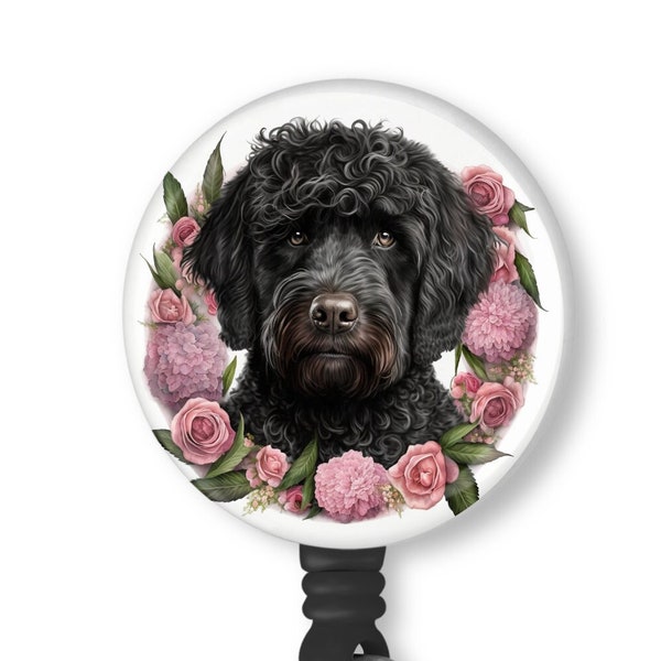 Beautiful Black Labradoodle with Pink Rose Wreath Badge Reel Id Holder