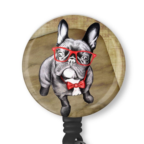 Cute Frenchie French Bulldog With Red Glasses Retro Vintage Retractable Badge Reel ID Holder