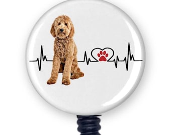 Goldendoodle EKG Heart Line Pick Your Dog Color Retractable Badge Reel ID Holder