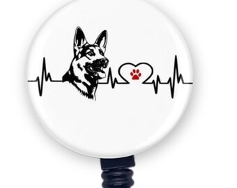 German Shepherd Dog Heartbeat EKG Heart line Retractable Badge Reel ID Holder