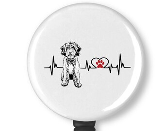 Goldendoodle  Dog  Heartbeat EKG Heart Line Badge Reel ID Holder