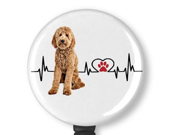 Goldendoodle EKG Heart Line Pick Your Dog Color Retractable Badge Reel ID Holder