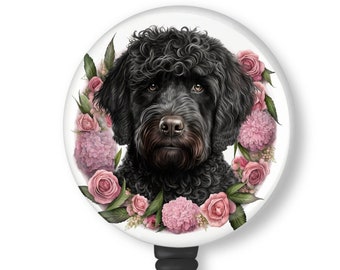 Beautiful Black Labradoodle with Pink Rose Wreath Badge Reel Id Holder