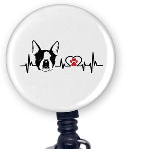 Boston Terrier Dog Heartbeat EKG Heart line With Tiny Paw Badge Reel ID Holder